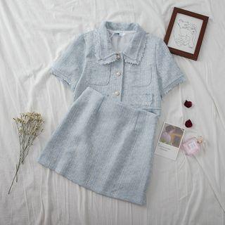 Short-sleeve Single-breasted Tweed Jacket / Mini A-line Skirt