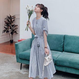 Short Sleeve Round Neck Striped Shirtdress