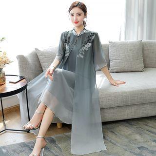 Mock Two-piece 3/4-sleeve Floral Midi Dress