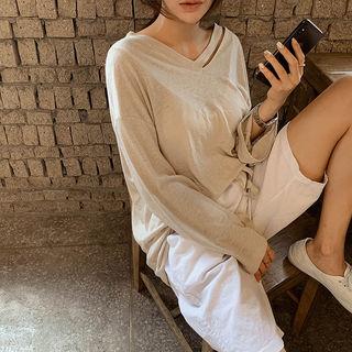 Slit V-neck Linen Blend T-shirt Light Beige - One Size