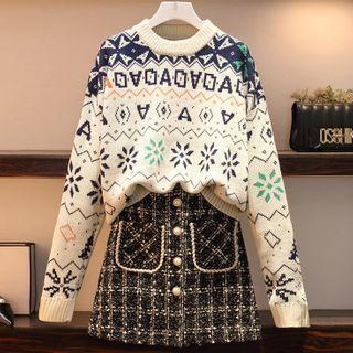 Printed Sweater / Plaid Mini A-line Skirt / Set