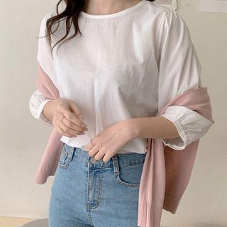 Round-neck 3/4-sleeve Cotton Blouse Ivory - One Size