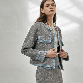 Contrast-fringed Flap Tweed Jacket