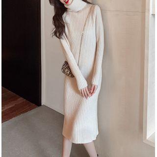 Long-sleeve Plain High-neck Knit Midi Dress