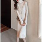 Long-sleeve Plain High-neck Knit Midi Dress
