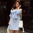 Elbow-sleeve Tie-front Plaid A-line Dress