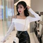 Rhinestone Cold-shoulder Long-sleeve T-shirt