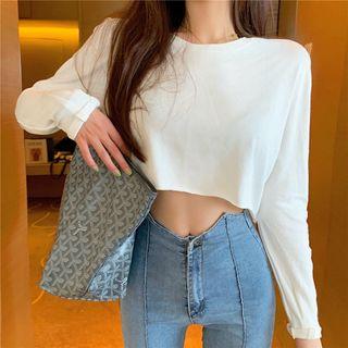 Plain Long-sleeve Loose-fit Crop Top