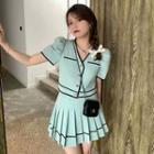 Short Sleeve V-neck Contrast Trim Cropped Shirt / Pleated Mini A-line Skirt