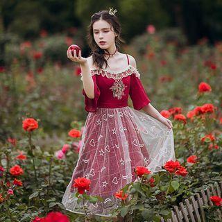 Cold-shoulder Heart Embroidered Midi A-line Dress