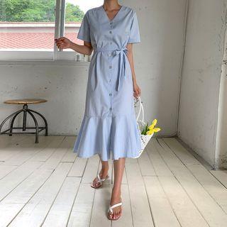 Ruffle-hem Linen Blend Shirtdress With Sash