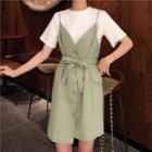 Plain Short-sleeve T-shirt / Spaghetti Strap Buttoned Irregular Dress