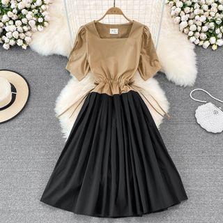 Color Block Drawstring Pleated Dress
