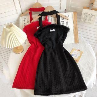 Halter-neck Fluffy Trim A-line Dress
