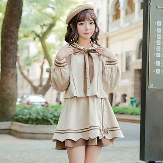 Bow Blouse / Contrast Trim A-line Skirt / Set