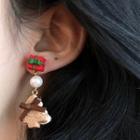 Christmas Asymmetric Ear Stud 1272a - 1 Pair - Red & Green & Brown - One Size