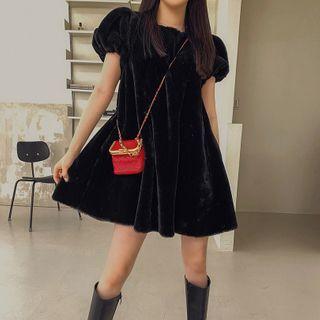 Puff-sleeve Faux-fur Mini Flare Dress