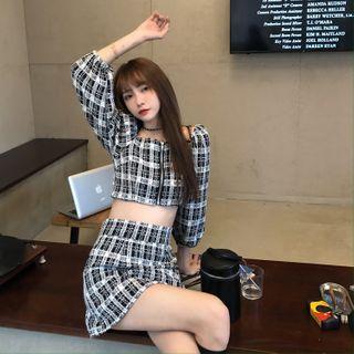 3/4-sleeve Plaid Crop Top / A-line Mini Skirt