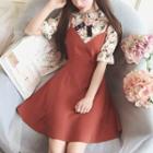 Set: Floral Print Short-sleeve Blouse + Strappy A-line Dress
