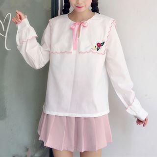 Flower Embroidered Long-sleeve T-shirt / High Waist Pleated Skirt