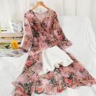 Set: 3/4-sleeve Floral Print Midi A-line Dress + Shorts