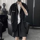 Set: Letter Embroidered Elbow-sleeve Blouse + Shorts