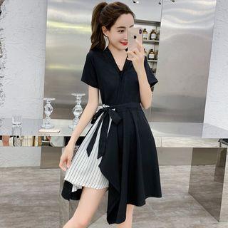 Short-sleeve Asymmetric Striped Paneled A-line Dress