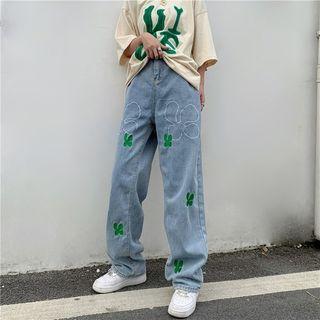 Mid Waist Floral Embroidered Wide Leg Jeans