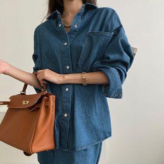 Denim Shirt & Matching Miniskirt Set Dark Blue - One Size