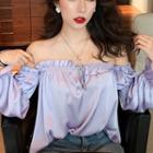 Plain Off-shoulder Long-sleeve Top Purple - One Size
