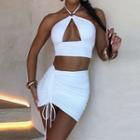 Set: Cut-out Cropped Halter Top + Drawstring Mini Bodycon Skirt