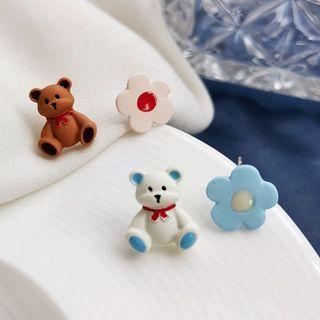 Bear & Flower Asymmetrical Ear Stud / Clip-on Earring