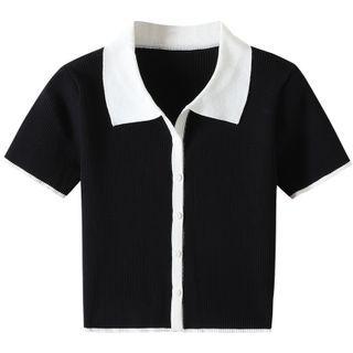 Short-sleeve Contrast Collar Cropped Cardigan