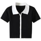 Short-sleeve Contrast Collar Cropped Cardigan