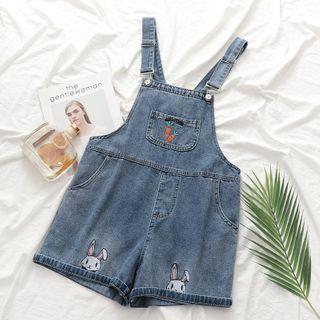 Rabbit Embroidered Denim Jumper Shorts