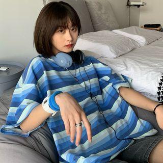 Color Block Striped Elbow-sleeve T-shirt