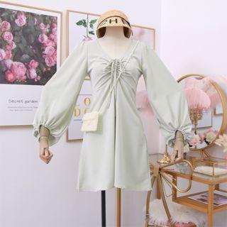 Bubble-sleeved Drawstring Mini Dress