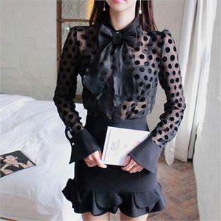 Detachable-ribbon Polka-dot Sheer Blouse