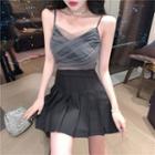 Mesh Panel Cropped Camisole Top / High-waist Mini A-line Pleated Skirt