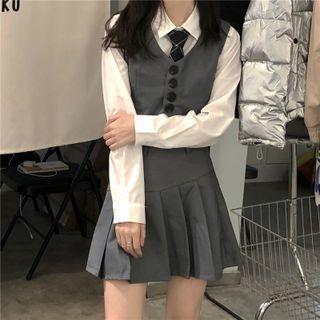 Button-up Vest / Pleated Skirt / Shirt / Tie / Set