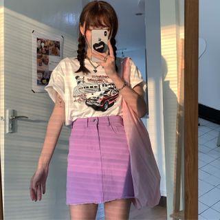 Short-sleeve Cartoon Print T-shirt / A-line Denim Skirt