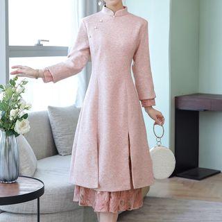 Long-sleeve Lace Panel Midi A-line Qipao Dress