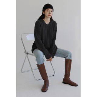 V-neck Ribbed Boxy Sweater Black - One Size