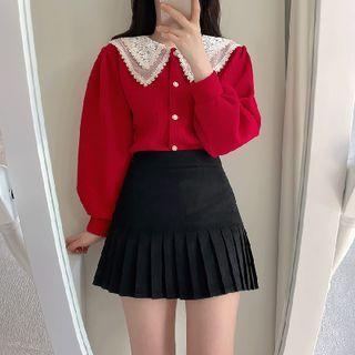 Long-sleeve Lace Collar Button-up Knit Top