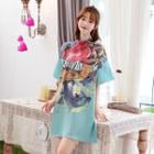 Elbow-sleeve Printed Frog Buttoned Mini Dress