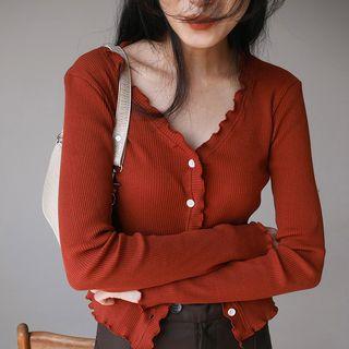 V-neck Wavy Trim Sheath Cropped Cardigan Brick Red - One Size