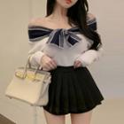Off Shoulder Knit Top / Pleated Skirt