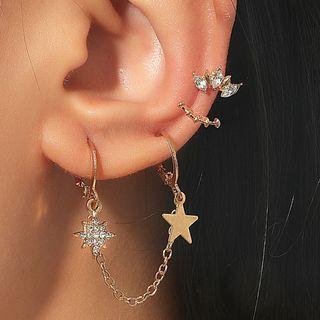 Set: Star Chained Alloy Earring + Rhinestone Cuff Earring + Alloy Cuff Earring Gold - One Size