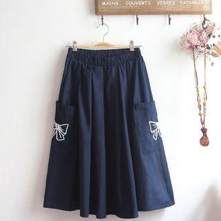 Embroidered A-line Midi Skirt Navy Blue - One Size