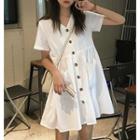 Short-sleeve Plain Button Mini Dress White - One Size